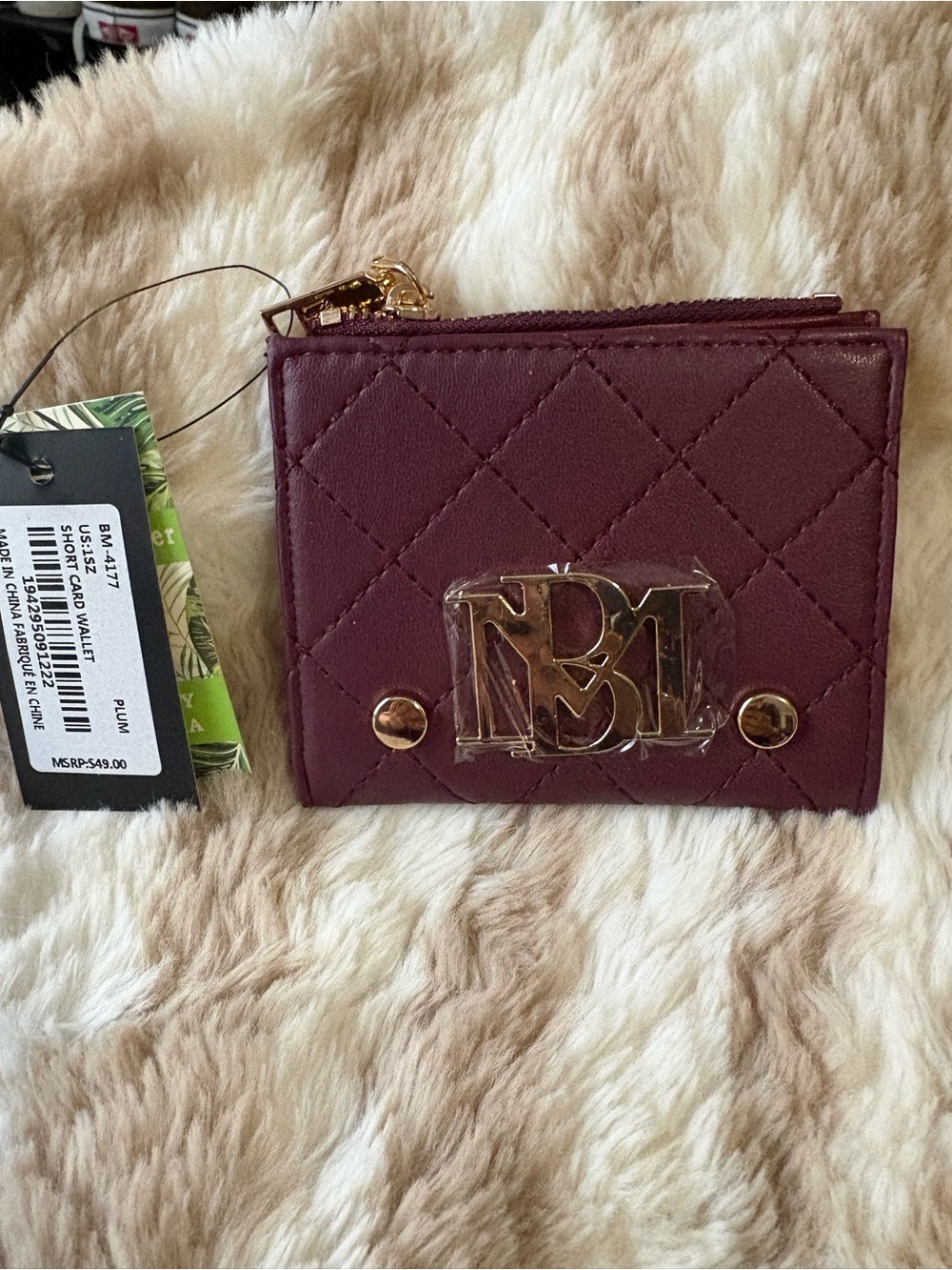 Badgley Mischka Quilted Plum Card Wallet with Gold Hardware - Picture 2 of 5